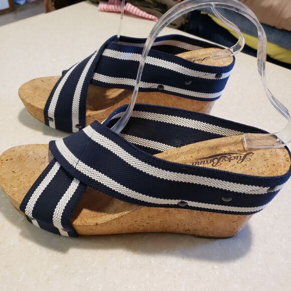 Lucky Brand Miller 2 Cork Platform Wedge Sandals Navy Blue/White Size 9.5 - Picture 4 of 9